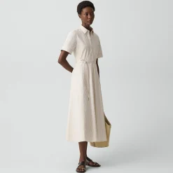 Belted Shirt Dress in Striped Cotton-Blend