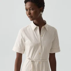 Belted Shirt Dress in Striped Cotton-Blend