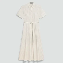 Belted Shirt Dress in Striped Cotton-Blend