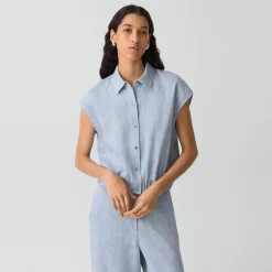 Cap-Sleeve Shirt in Fluid Linen