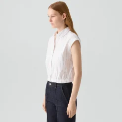 Cap-Sleeve Shirt in Striped Poplin