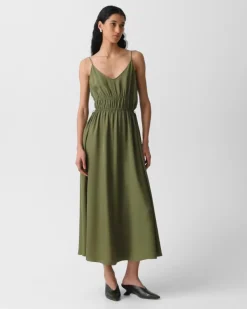 Gathered V-Neck Dress in Washed Twill