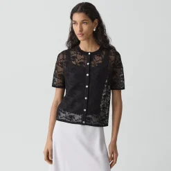 Lace Short-Sleeve Cardigan in Textured Cotton-Blend