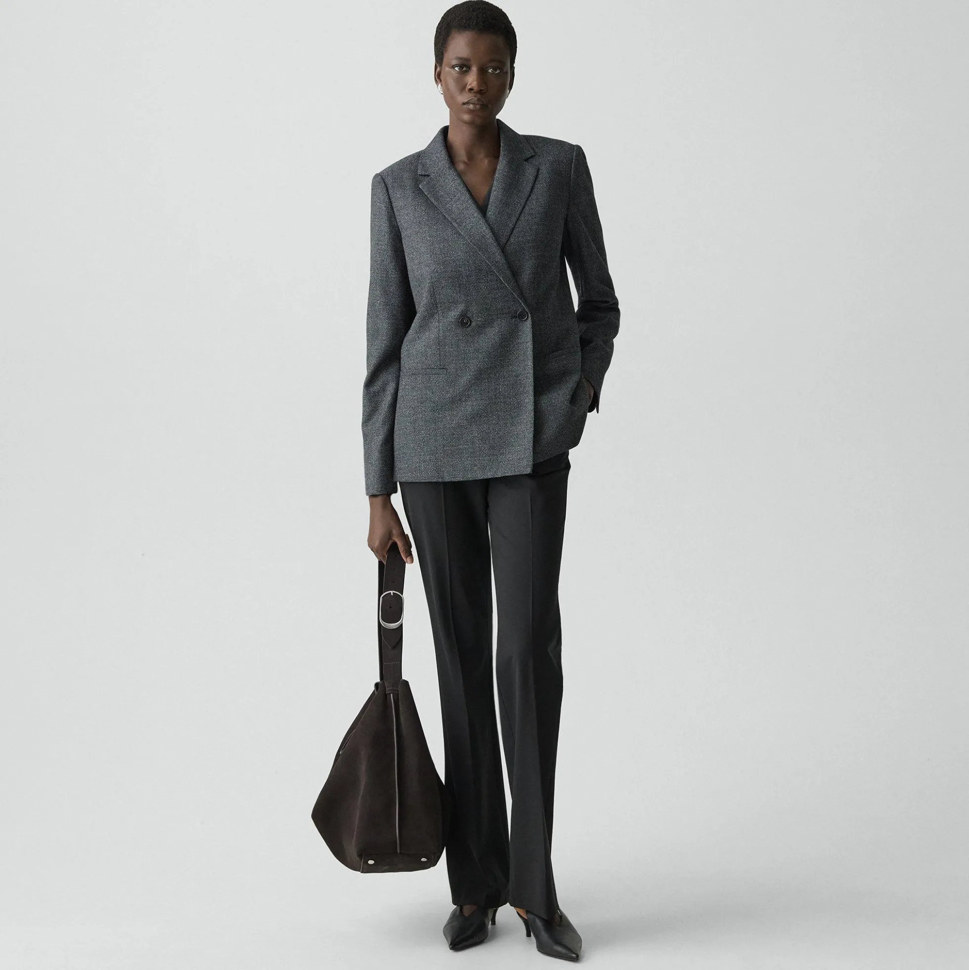 Relaxed Double-Breasted Blazer in Marled Flannel