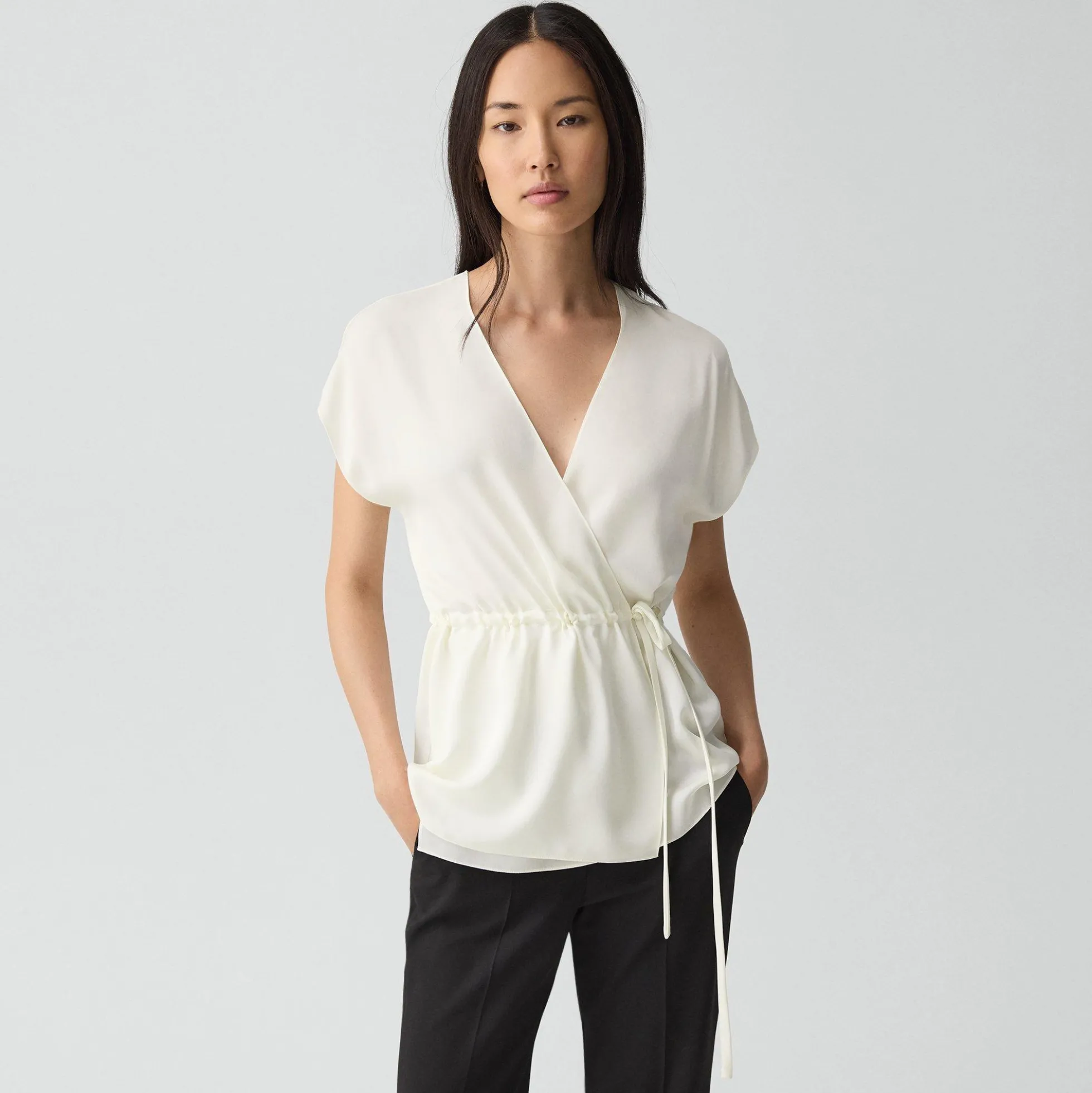 Short-Sleeve Wrap Top in Silk Georgette