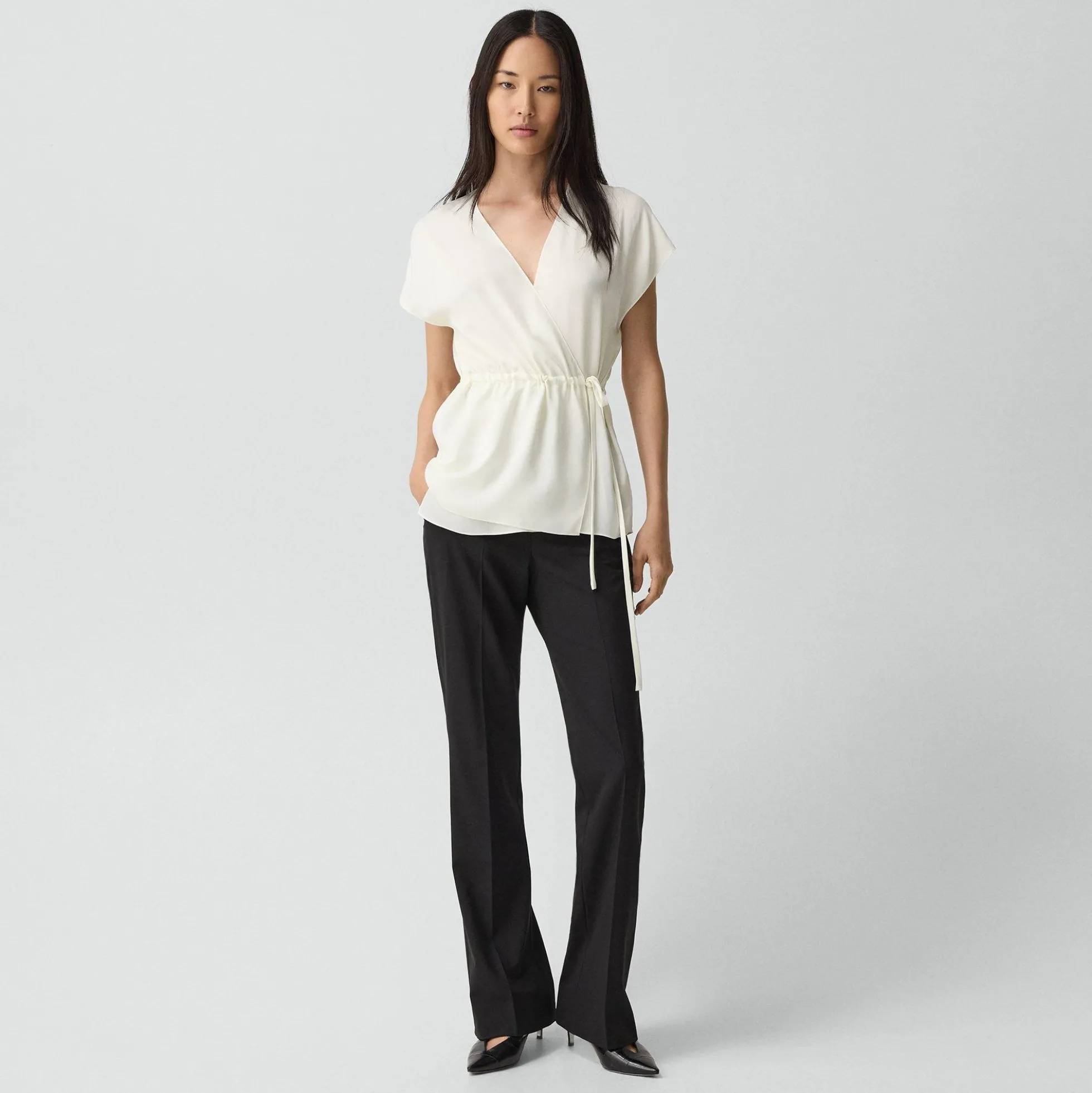 Short-Sleeve Wrap Top in Silk Georgette